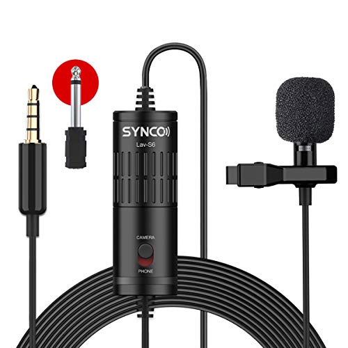 SYNCO Lav S6 Microfono-Lavalier-Microfono-a-Clip Condensatore Omnidirezionale 6 Metri / 19,7 Piedi, Compatibile per Fotocamere, Cellulari, Videocamere, Registratori Audio, Mixer, Computer