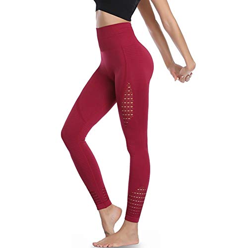 Eono by Amazon - Leggings Sportivi Donna Yoga Pantaloni Vita Alta Senza Cuciture(Rosso Vino,S)