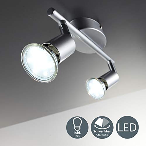 B.K. Licht Faretti LED da soffitto orientabili, include 2 lampadine GU10 da 3W, luce calda 3000K, plafoniera LED moderna da soffitto, corpo in metallo color titanio, 230V, IP20