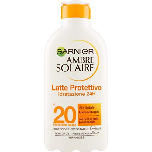 Garnier Ambre Solaire Crema Protezione Solare Idratante Latte Classico, Ultra-Idratante, Assorbimento Ottimo, IP20, 200 ml, Confezione da 1