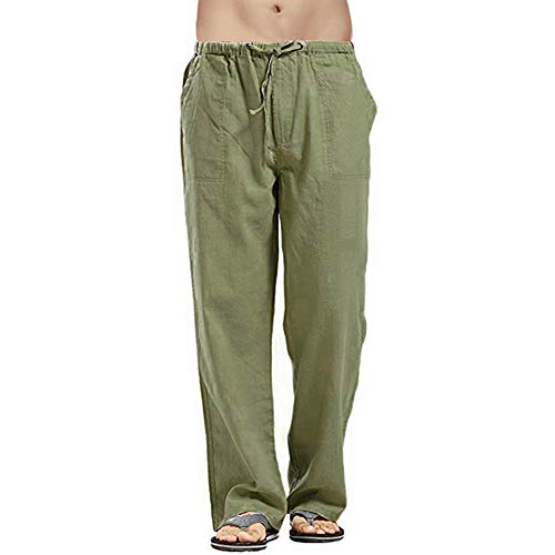 Vanvene - Pantaloni da uomo in lino, stile casual, vestibilità larga, elastico in vita con coulisse, pantaloni a gamba dritta per yoga, spiaggia Verde L
