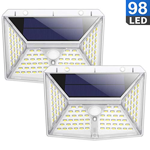 QTshine Luce Solare Esterna 98 LED, [270 ° Quattro-Angle Illuminazione] Lampada Solare con Sensore di Movimento 2000mAh Wireless Impermeabile Luci Solari con 3 Modalità per Giardino [2Pezzi]