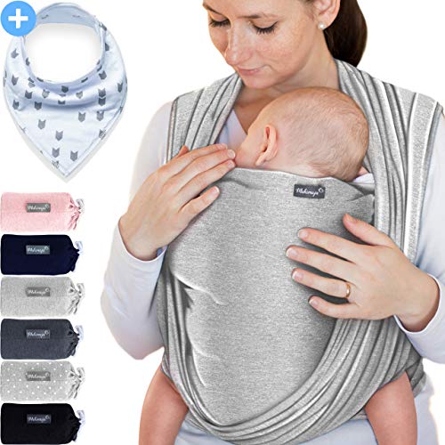 Makimaja - Fascia porta bebè grigio chiaro – tracolla di alta qualità per neonati e bambini fino a 15 kg – cotone leggero – include una borsa portaoggetti e un bavaglino