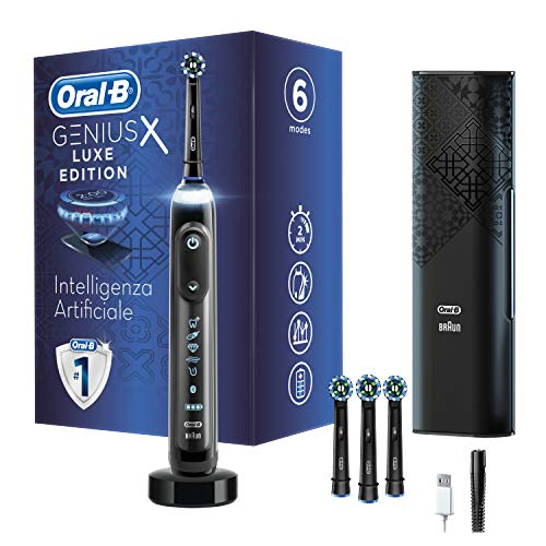 Oral-B Genius X Luxe Edition Spazzolino Elettrico Ricaricabile, 1 Spazzolino Premium Nero con Intelligenza Artificiale, 4 Testine di Ricambio, 1 Custodia da Viaggio con Caricatore