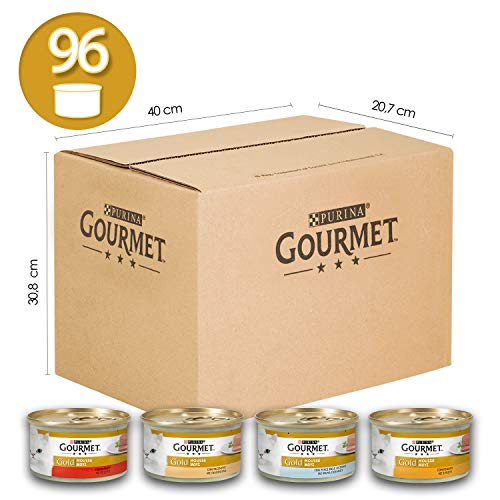 Purina Gourmet Gold Umido Gatto Mousse con Pesce, con Fegato, con Tacchino, con Manzo Prelibato  - 96 Lattine da 85 g Ciascuna (12 Confezioni da 8 x 85 g)