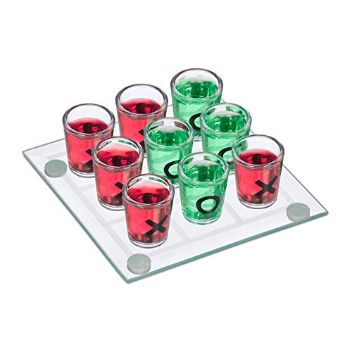 Relaxdays 10022787 Tris Alcolico per Adulti, 2 Persone, 9 Bicchierini, Gioco per Addii al Celibato e Nubilato, Divertente Drinking Game, Colore Trasparente,