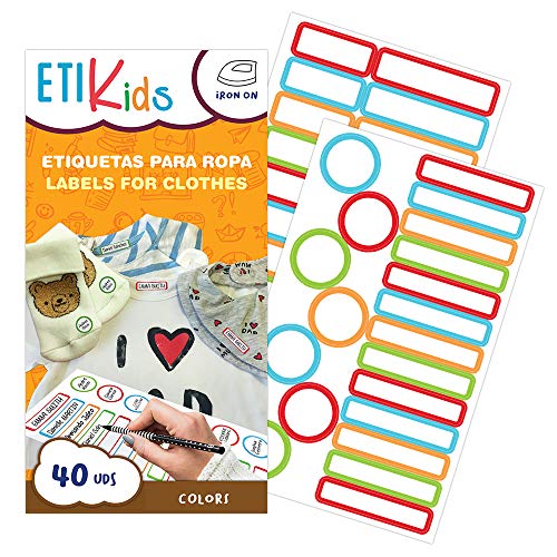 Etikids 40 Etichette termoadesive da STIRARE. Formati e colori vari, per contrassegnare indumenti, vestiti dei bambini a scuola ed asilo. (COLORS)