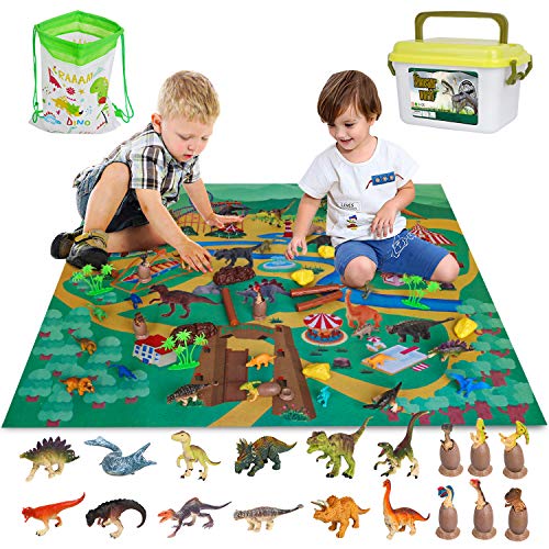 Dinosauri Giocattolo con Tappeto Gioco e Scatola di Immagazzinaggio per Bambini, Decorazioni per Torte 53Pcs