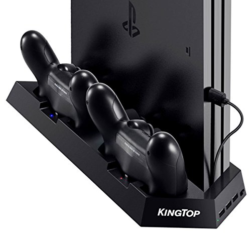 KingTop PS4 Supporto Verticale con 2 Ventola di Raffreddamento, PS4 Stazione di Ricarica Charger All-in-One per Doppia Controller con Indicatore LED per PS4 / PS4 Slim / PS4 Pro/ PS4 Accessori
