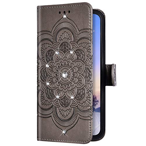 Uposao Custodia Compatibile iPhone 11 Pro Max Diamant Bling Embossed Henna Mandala Fiori Flip Cover Portafoglio PU Pelle Protective Wallet Stand Magnetica Case,Grigio