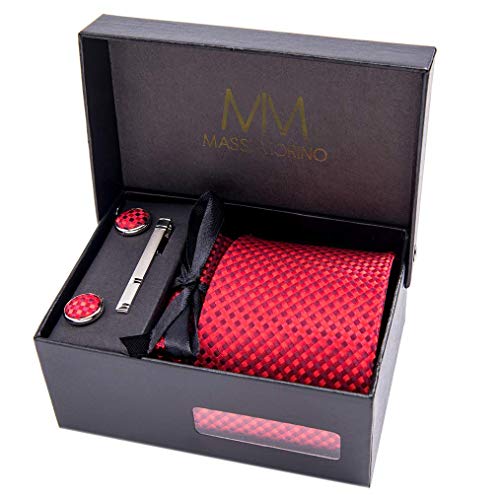 Massi Morino ® Cravatta uomo + Gemelli + Fazzoletto (Set cravatta uomo) regalo uomo con confezione regalo (Rosso scacchi)