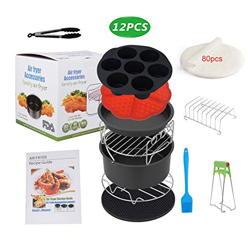 Sinbide Accessori per friggitrice ad aria calda, set di accessori per friggitrice universale a 12 pezzi Airfryer a 12 pezzi con tortiera/piastra per pizza/griglia in metallo/griglia/porta pane