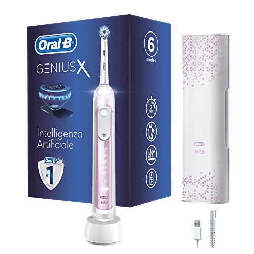 Oral-B Genius X Spazzolino Elettrico Ricaricabile, 1 Spazzolino Premium Rosa con Intelligenza Artificiale, 1 Testina di Ricambio, 1 Custodia da Viaggio con Caricatore