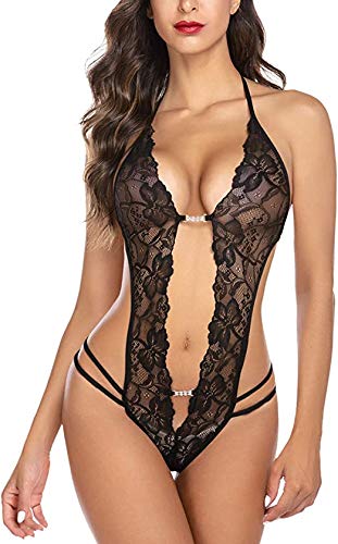 ADOMES Donna Lingerie Sexy in Pizzo Allacciato al Collo Profondo V Babydoll Mini Body One Piece See Through Mesh Sleepwear