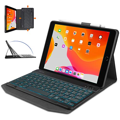 OMOTON Tastiera con Custodia per iPad 10.2 2019 7a Gen/ 8a Gen 2020/ iPad Air 3 / PRO 10.5'' 2017, Cover Tastiera Retroilluminata Bluetooth Staccabile, Layout Italiano QWERTY, Nero
