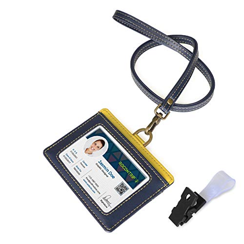 Porta badge per cordino in pelle per carta d'identità tipo IC orizzontale per infermiera Donna con cordino Badge (Blu Scuro+Giallo)