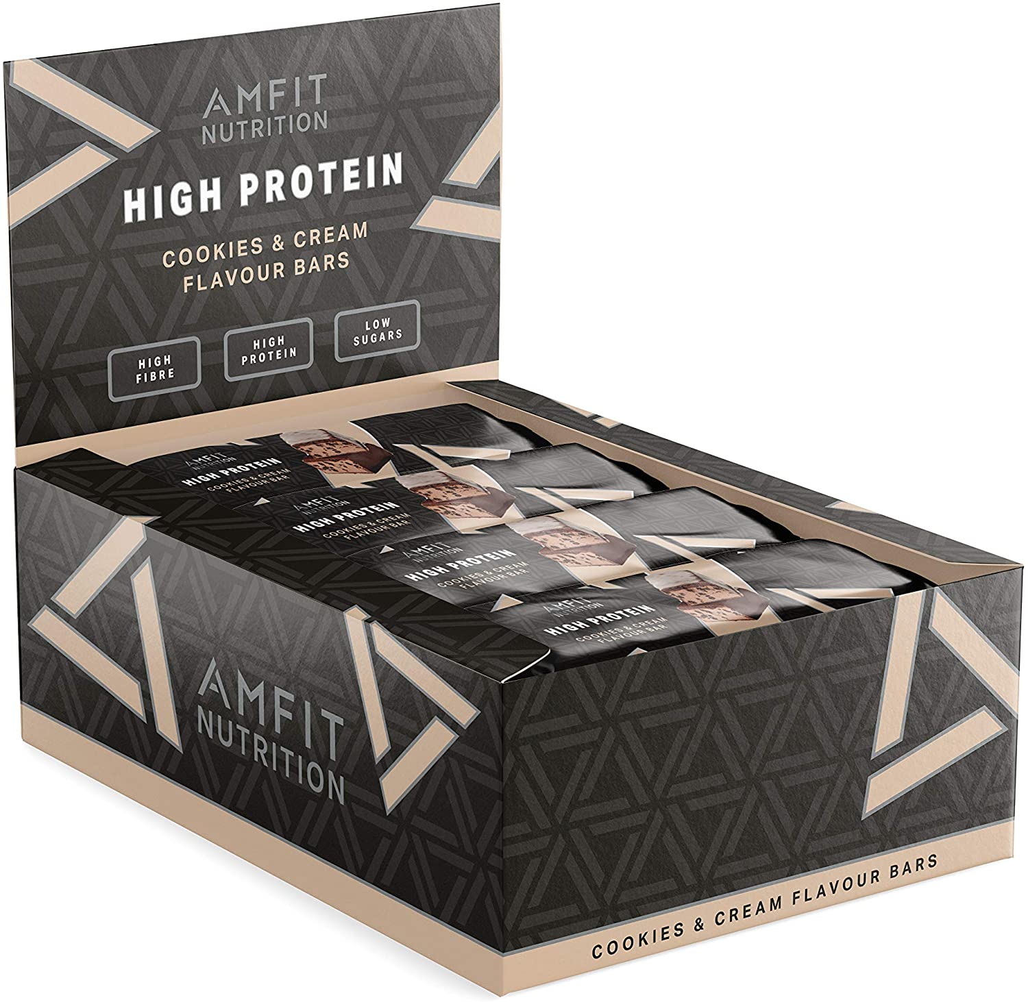 Marchio Amazon- Amfit Nutrition Barretta proteica a basso contenuto di zuccheri (19,6gr proteine - 1,4gr zucchero) - Cookies & Cream - Confezione da 12 (12x60g)