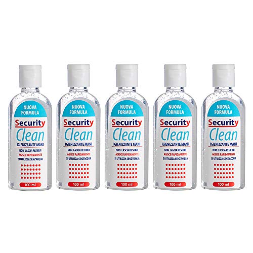 Security Clean Gel Igienizzante Mani Set 5 Pezzi Da 100 ML Con 75% Alcol Disinfettante, Elimina al 99% Batteri Senza Utilizzo di Acqua