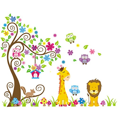 Rainbow Fox Jungle stickers murali adesivi murali civetta albero animali leone giraffa per la decorazione della scuola materna arte della parete murale per le ragazze dei ragazzi camera da letto bambino (230cmx150cm)