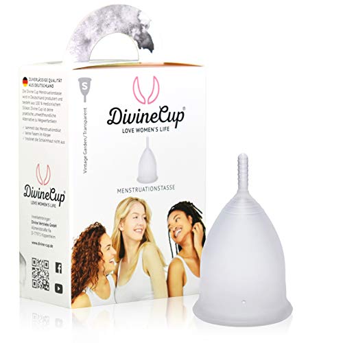 DIVINE CUP coppetta mestruale misura S, piccola - clinicamente testata, voto OTTIMO - 100% Made in Germany - trasparente, disponibile in quattro colori - silicone medicale, morbido, riutilizzabile