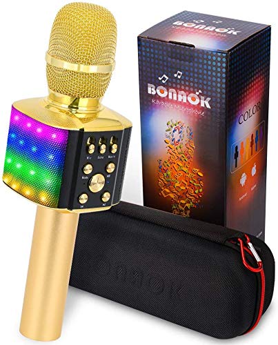 BONAOK Microfono Karaoke Bambini, Aggiornato 4 in 1 Microfono Karaoke Bluetooth LED Flash Microfono, Portatile Karaoke Microfono con Altoparlante per Cantare per Android/iPhone/PC (Argento)
