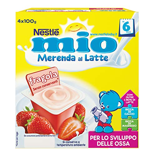 Nestlé Mio Merenda al Latte Fragola, da 6 Mesi, senza Glutine, 6 Confezioni da 4 Vasetti, 24 Vasetti