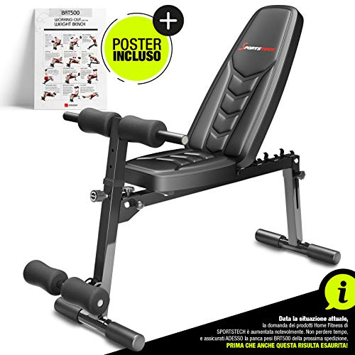 Sportstech Panca Pesi innovativa 8in1 con Design Unico e Imbottitura in Materiale Eva| Sistema Intelligente BRT500 Pieghevole |Piedi Antiscivolo | Maniglie per Push-Up | Panca Piana per Curl & Poster