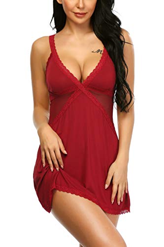 Aranmei Donna Pigiami Sottoveste con Spalline Regolabili, Semplice Camicia da Notte Donna, Babydoll Lingerie Sexy Biancheria da Notte (Vino Rosso,Size M)