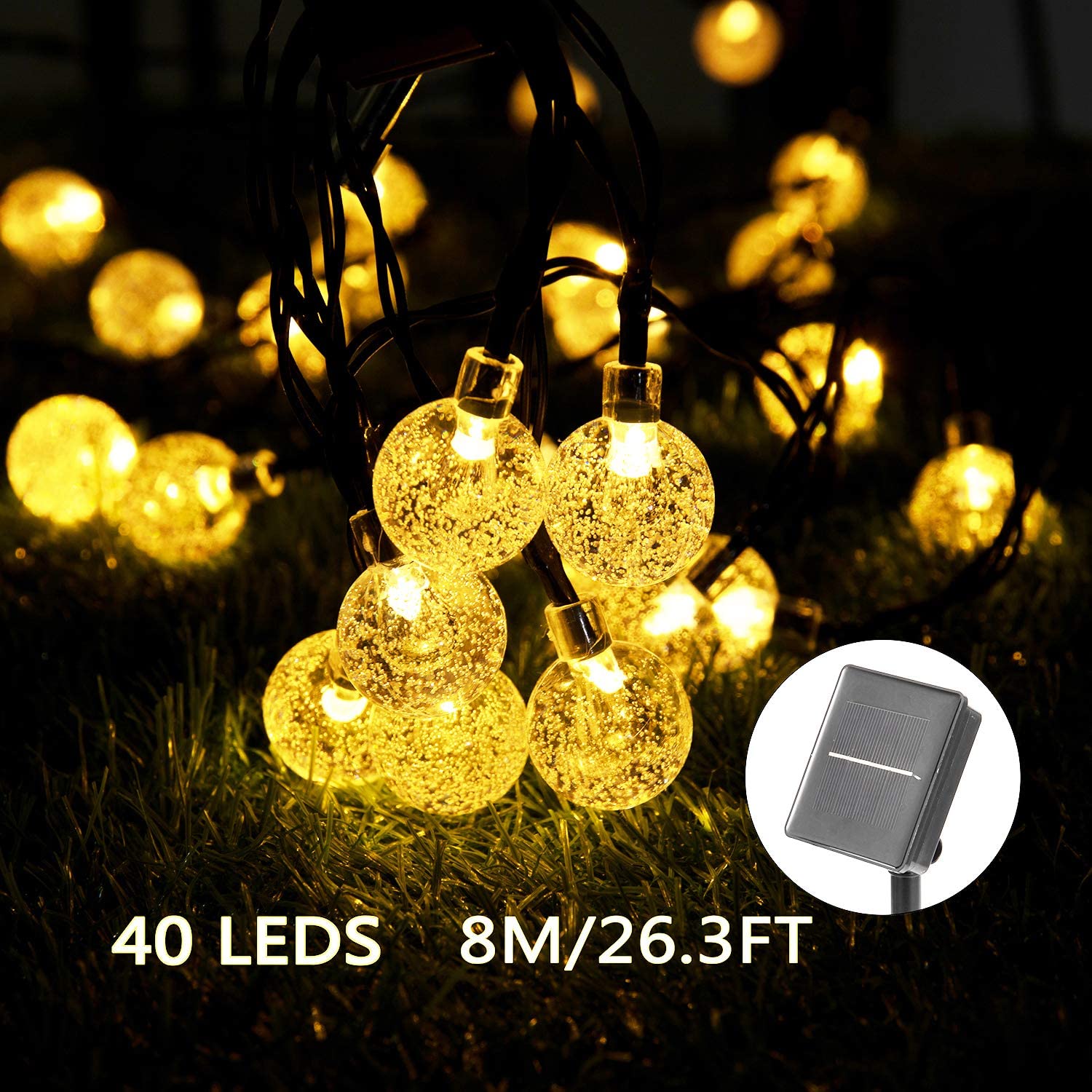 Catena Luminosa Solare - 40 LED 8M/26.3FT Luci Decorative Stringa Solari Impermeabile Esterno Illuminazione Luce Solare a Sfera di Cristallo per Giardino, Patio, Alberi (Bianco Caldo)