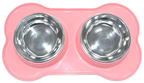 SHINE Alimentazione Pet Doppia Confezione in Acciaio Inossidabile con Doppio Alimentatore in Pet di PLASTICA Cane/Gatto/Qualsiasi Piccolo Piatto Animale per Alimenti/Acqua (Rosa)
