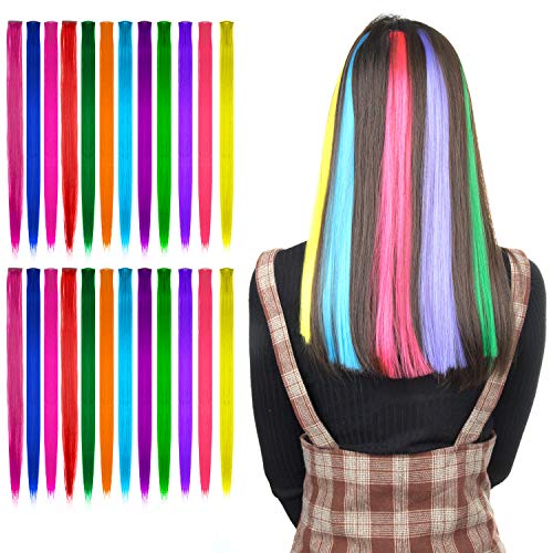 24 Pcs Extension Capelli Colorati Clip, Comius 55 CM Colored Clip in Hair extensions, Ciocche Colorate per Capelli in 12 Colori Diversi, per Donne Acconciature Cosplay