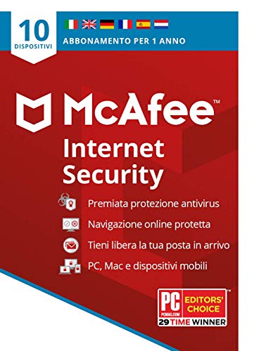 McAfee Internet Security 2020, 10 dispositivi, 1 anno, Software Antivirus, Gestore di Password, PC/Mac/Android/iOS, Edizione Europea, Codice di attivazione via posta