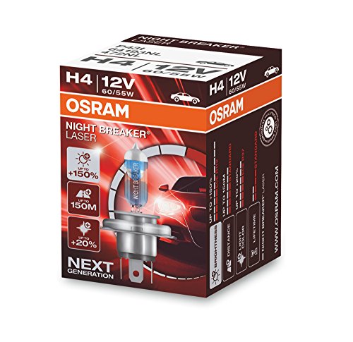 OSRAM NIGHT BREAKER® LASER H4, next generation, +150% di luce, lampada da proiettore alogena, 64193NL, 12V, auto, scatola (1 lampada)