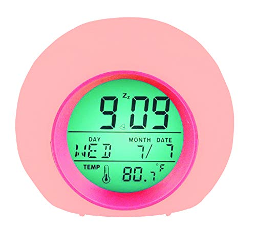 YUES Sveglia LED per Bambini,Sveglia Digitale con 6 Melodie,Luce Notturna con 8 Colori, Calendario, Termometro e Soft Touch Control,Rosa