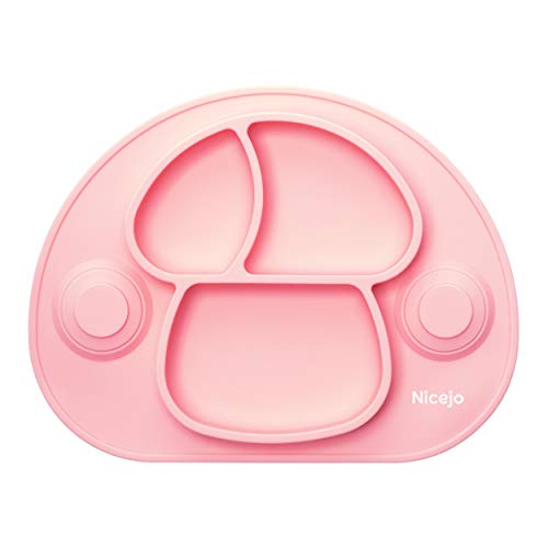 Piatto Pappa Neonato con Ventosa di 2a Generazione - Silicone Alimentare - Tovaglietta Antiscivolo Per Seggiolone - Tre Scomparti - Bambini 6 18 Mesi - Va in Lavastoviglie (Rosa)