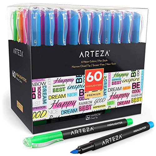 Arteza Evidenziatori Set da 60, Scatola Risparmio di Pennarelli in Colori Neon Assortiti, Punta Stretta a Scalpello per Tratto Preciso, Inchiostro Atossico, per Evidenziare a Casa, Scuola o Ufficio