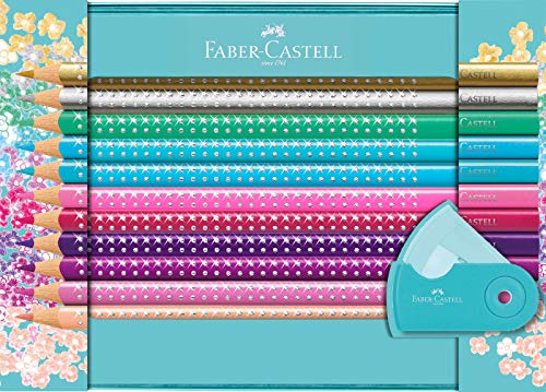 Faber-Castell 201641 Set 20 Matite Colorate Sparkle, 1 Temperamatite Sleeve, Mini, Turchese