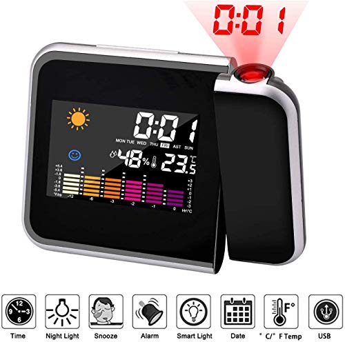 Mmester Sveglia con Proiettore, Sveglia Digitale da Comodino Moda Sveglia, Sveglia Digitale LED con Stazione Tempo/LCD a Display/Temperatura e Data/Funzione Snooze/Ricarica USB / 12&24h (Nero)