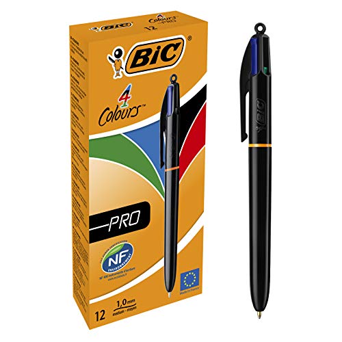 Bic 4 Colours - Pro Penna a Scatto, Punta Media da 1 mm, 4 Colori di Inchiostro , Nero, 12 Pezzi