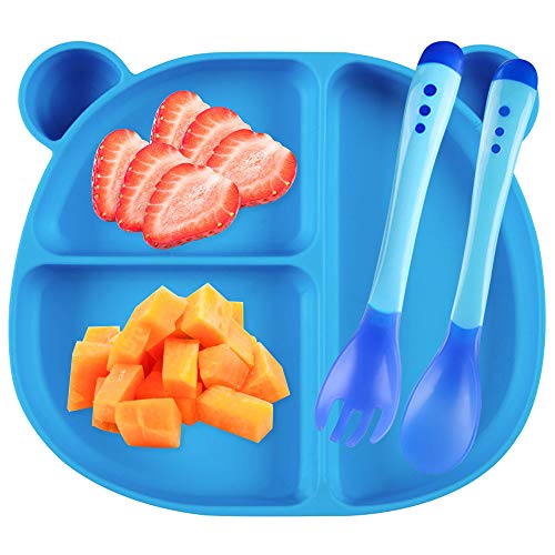 Piatto Scodella Silicone con Ventosa per Bambini Piastra per Alimenti Stoviglie Silicone + Forchetta + Cucchiaio Sensibile alla Temperatura (Blu)