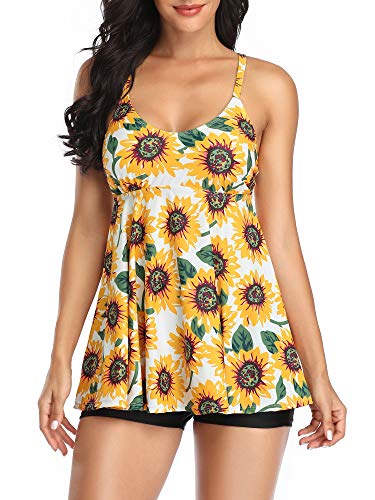 FLYILY - Tankini da donna in maglia, costume da bagno, set da 2 pezzi, con slip a vita alta, taglie forti Z-girasole 52