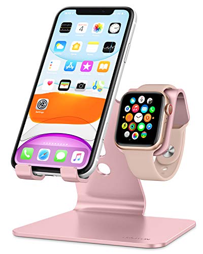 OMOTON 2 in 1 Supporto per Apple Watch, Stand Tavolo per iPhone e iWatch, Dock per Apple Watch SE/6/5/4/3/2/1(38 mm/40 mm/42 mm/44 mm), Porta Compatibile con iPhone 12, SE 2020, 11 PRO, XS, Oro Rosa