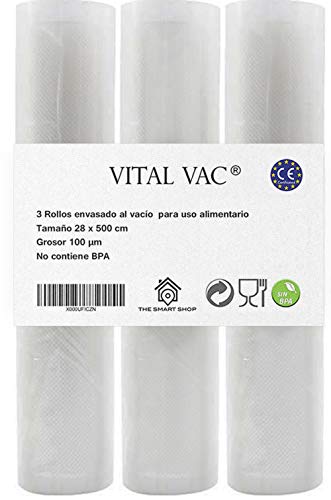 VITAL VAC 3 x Rotolo Sottovuoto Goffrato per Sous Vide e Conservazione degli Alimenti. 28x500 cm - per Foodsaver, Macom, Bonsenkitchen, ACTOPP, KitchenBoss, Aobosi.