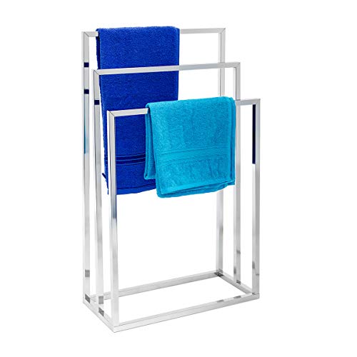 Relaxdays Porta Asciugamani in Acciaio Inox Cromato, 82.5 X 46 X 21 cm, Metallo Cromato Lucido, 3 Bracci Situati a Varia Altezza, Portasalviette da Pavimento