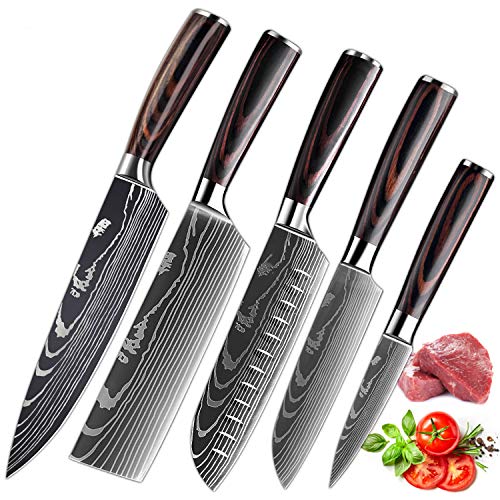 KEPEAK Coltello da Cucina, Coltelli da Cucina Affilati in Acciaio Inossidabile di Diverse Dimensioni con Impugnatura Confortevole, Coltello da Cucina Antiruggine per Cucina/Ristorante (5pcs)