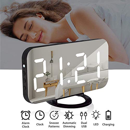 sveglia digitale comodino,sveglia digitale led specchio con 2 porte USB ricaricare display LED da 6,5