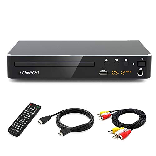 LONPOO Lettore DVD Compatto 1~6 Regione Libera (Porto HDMI, USB, RCA, MIC, LED Display con Telecomando, cavo HDMI& AV incluso) - Nero