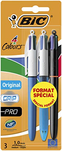 BIC - Penne originali in 4 colori, confezione da 3 pezzi, include penne originali Grip e Pro 4 colori con punta da 1,0 mm