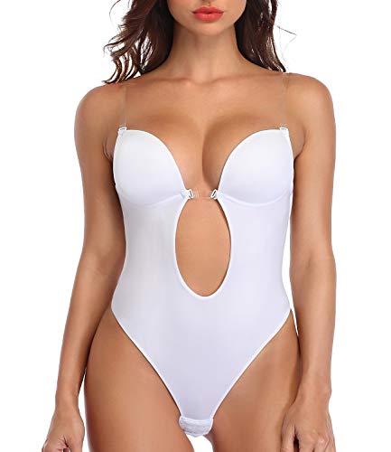 DUROFIT Intimo Modellante Contenitivo Modellante Body Shaper Donna Bodysuit con Scollo a V Profondo Invisibile Schiena Nuda Elegante Bianca L