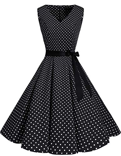 Bridesmay Donna Anni '50 Abiti Vintage Collo a V Retro Cocktail Audrey Vestito Black Small White Dot-3XL